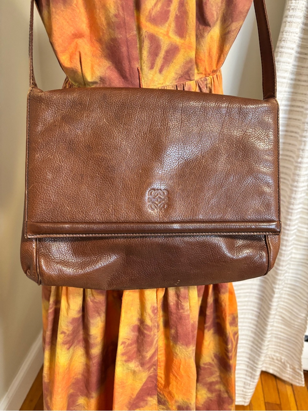 Vintage Loewe Brown Leather Crossbody Messenger Bag Spain